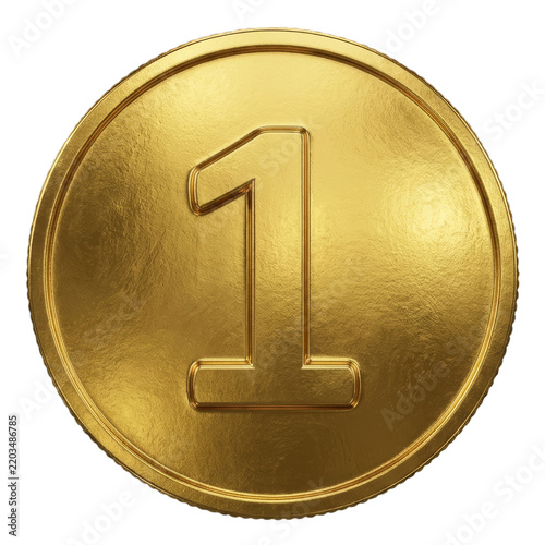 3D render of a shiny gold coin with the number one embossed in the center, concept of first place, winner, top prize, and financial wealth isolated on a transparent background