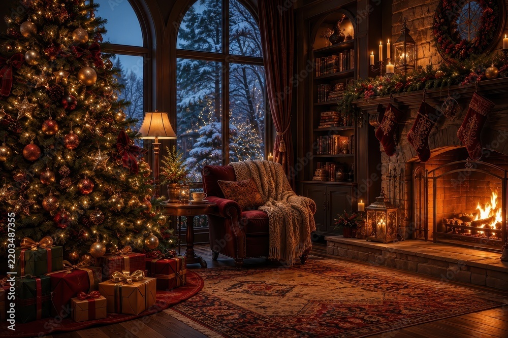Fototapeta premium Cozy Christmas living room with tree, stockings, fireplace