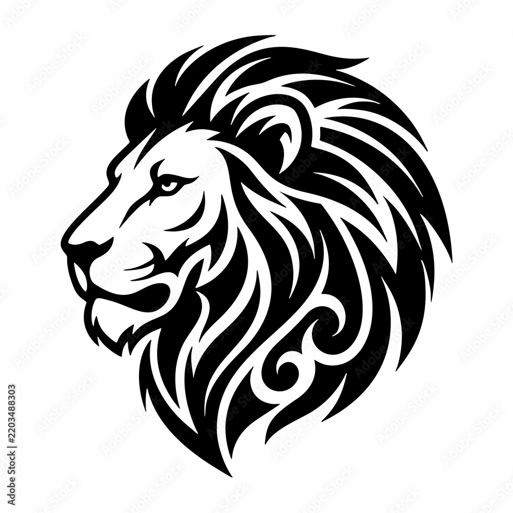 Fototapeta premium Black and white tribal lion head vector illustration. Powerful male lion profile mascot logo graphic design