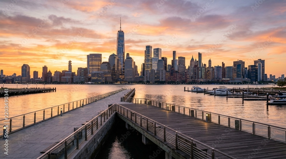 Fototapeta premium New York City Skyline at Sunset with Pier and Boats