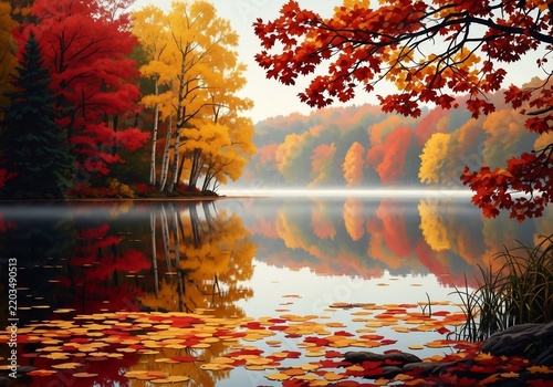Autumn's Fiery Embrace: A Serene Lake Reflects Fall's Vibrant Canvas