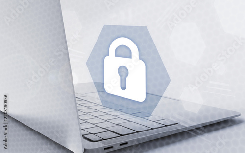 Konstfotografi Ciberseguridad en la nube y protección de datos digitales en un ordenador portátil moderno con un gran icono de candado brillante