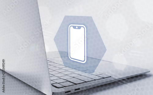 Obraz na płótnie Ilustración digital futurista de un ordenador portátil moderno con una interfaz holográfica que muestra la pantalla de un teléfono inteligente avanzado