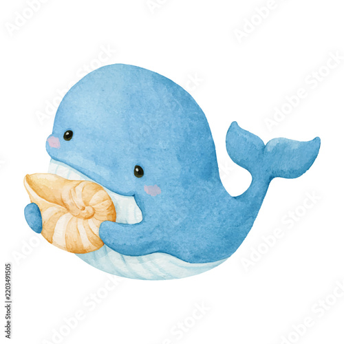 Cute Blue Watercolor Whale Holding Seashell Vector Illustration.