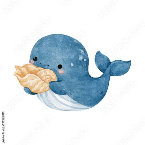 Cute Blue Watercolor Whale Holding a Seashell Vector Illustration.