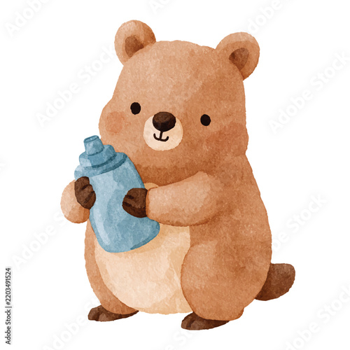 Cute Brown Bear Cub Holding Blue Baby Bottle Watercolor Vector Illustration.