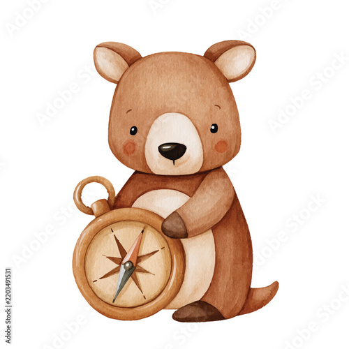 Cute Brown Bear Cub Holding Compass Watercolor Vector Illustration.