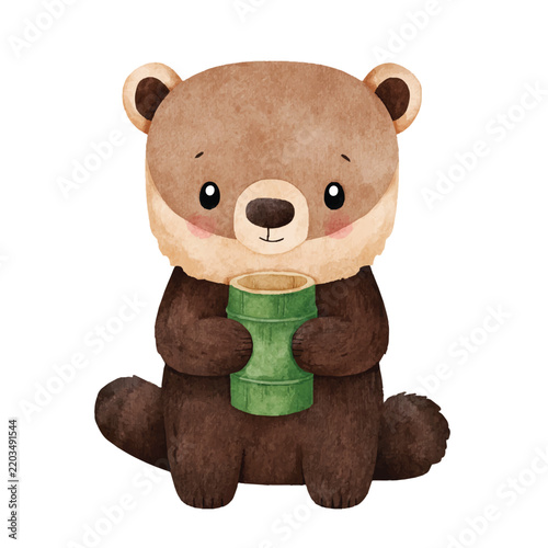 Cute brown bear cub sitting and holding a green cup watercolor vector.
