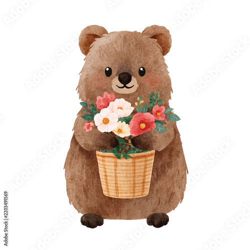 Cute Brown Bear Holding Basket of Flowers Watercolor Illustration.