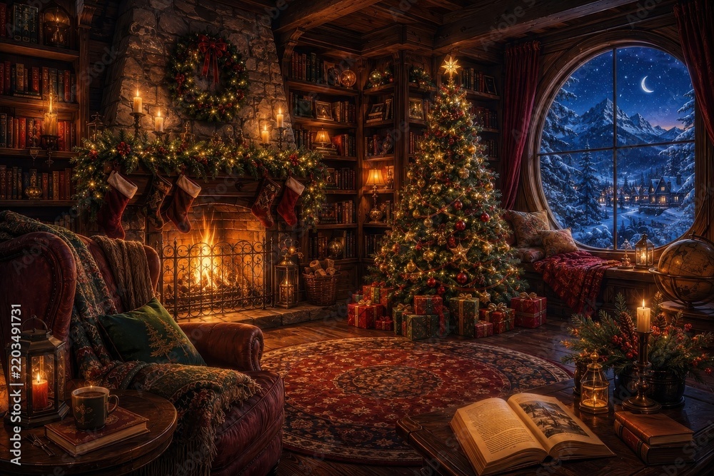 Fototapeta premium Cozy Christmas library with fireplace, tree, snowy mountain view