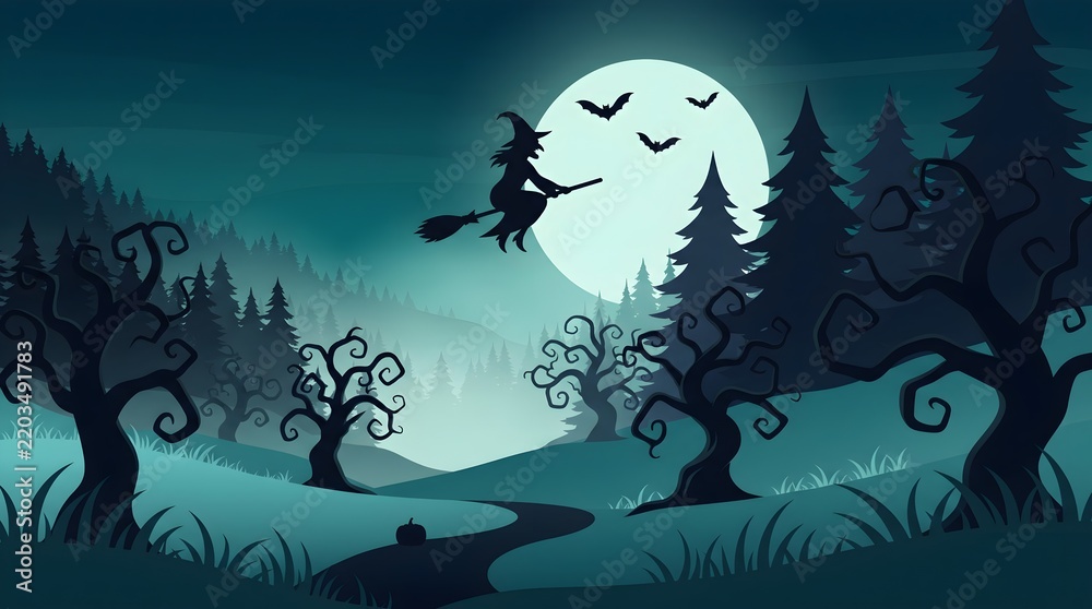 Fototapeta premium A silhouetted witch flies on a broomstick over a dark forest scene with a full moon