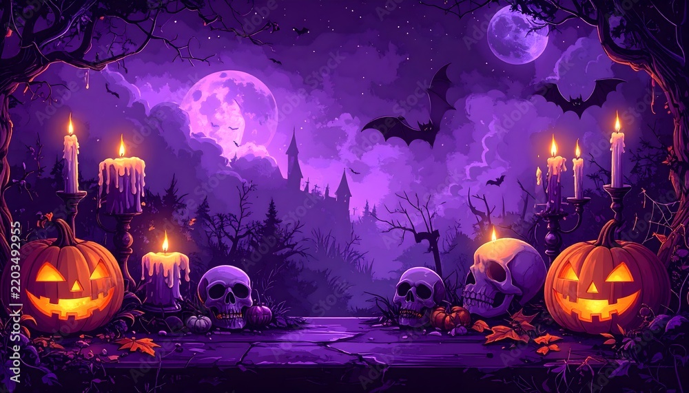 Fototapeta premium Escena de Halloween con calabazas, calaveras y luna llena violeta