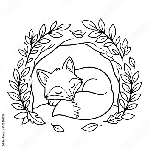 Sleeping fox coloring page featuring circular leaf wreath for children art and education.