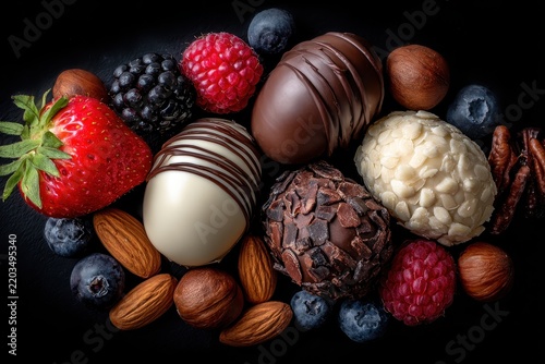 A rich assortment of gourmet chocolates, fresh berries, and nuts is artfully arranged. This vibrant composition is perfect for showcasing luxury desserts and sweet treats.