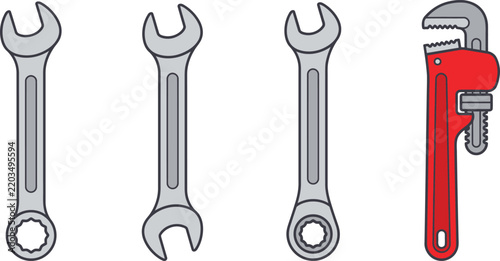 Industrial wrench tool set, professional plumbing pipe wrench and steel spanners, mechanical repair equipment icons, 4 vector hardware elements