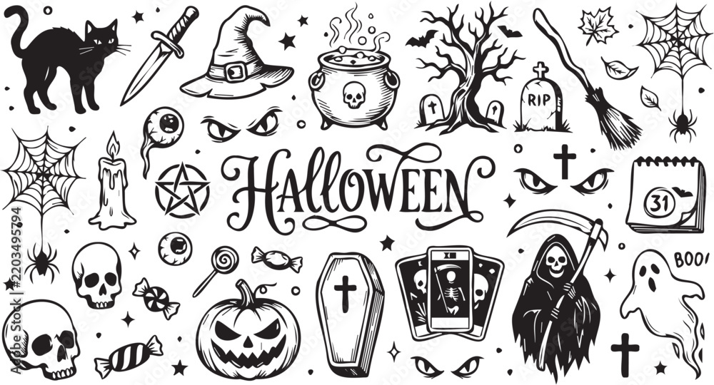 Fototapeta premium Halloween vector illustration set featuring spooky hand drawn doodle elements like pumpkins ghosts skulls and witch items for seasonal design
