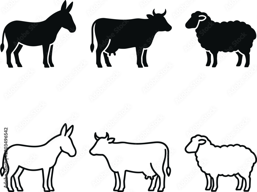 Fototapeta premium Set of black and white vector icons featuring farm animals including donkeys, cows, and sheep.