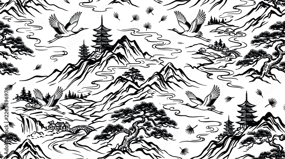 Fototapeta premium Japanese Traditional Landscape Seamless Pattern Pagoda Mountains Flying Cranes Bonsai Pine Trees Vector Illustration