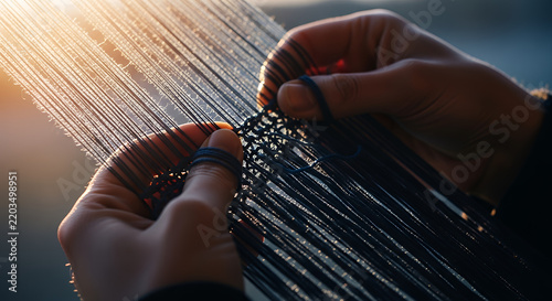 Artisan hands weaving dark threads on a loom with warm golden hour backlighting and shallow depth
