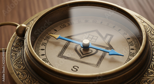 Vintage compass with house icon arrow pointing south for real estate or relocation branding