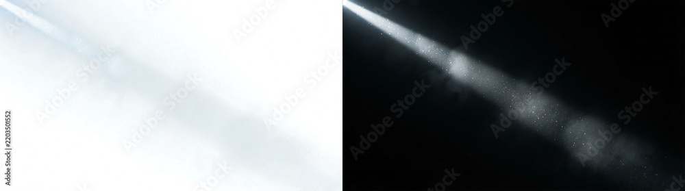 Obraz premium Cinematic Volumetric Light Beam with Floating Dust Particles and Smoke Fog in Complete Darkness, Professional Spotlight Overlay for Theater Stage and Mystery Design Projects