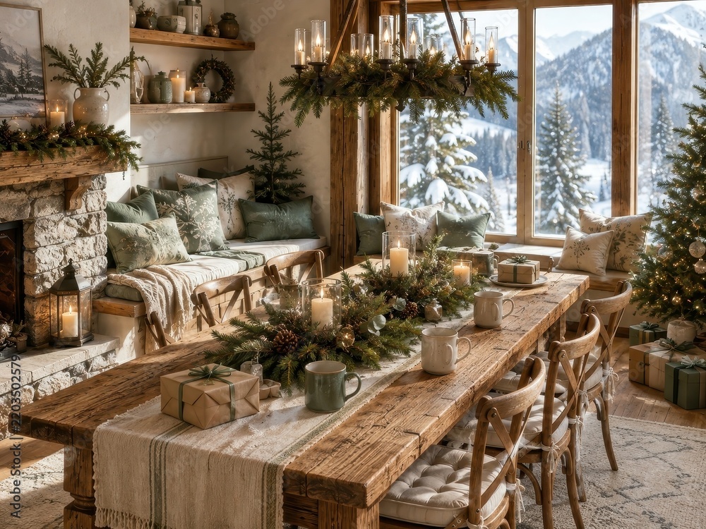 Fototapeta premium Rustic winter cabin dining room with festive Christmas decor