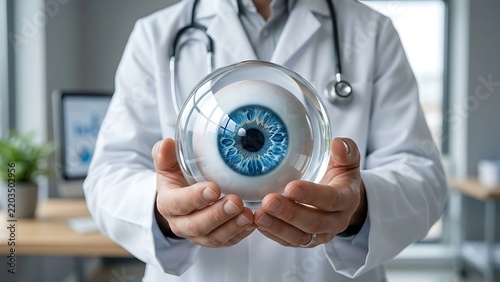 Professional medical doctor wearing white lab coat holding giant glowing blue human eyeball glass sphere model