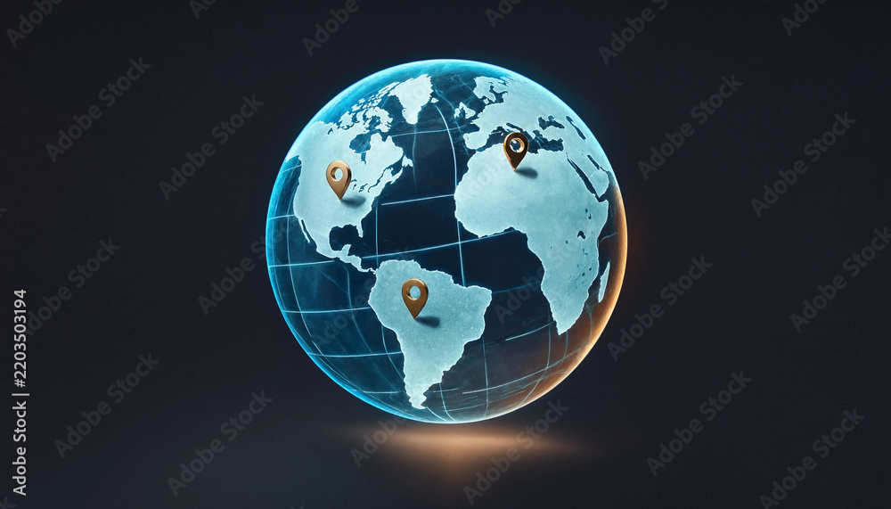 Obraz premium Global connectivity concept with glowing earth globe and location pins on dark background