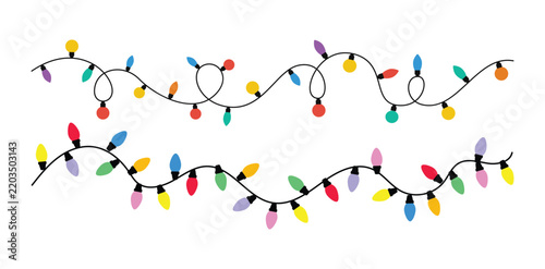 Colorful Christmas lights vector, festive holiday string light borders, decorative multi colored light bulbs on tangled black wire for party invitation