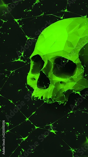 Neon green polygonal skull overlay on dark background with connecting lines, spooky glowing abstract 3d rendering for halloween design