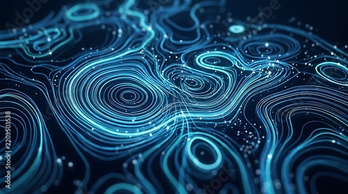 Glowing blue topographic contour lines create an intricate abstract digital pattern on a dark background surface