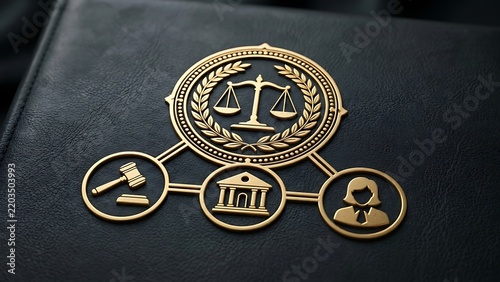 Golden legal justice icons embossed on dark leather surface creating sophisticated professional concept for law firms