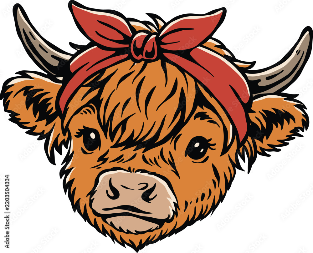 Obraz premium Cute Highland Cow Head Hand Drawn Vector Illustration, Baby Scottish Farm Animal Design