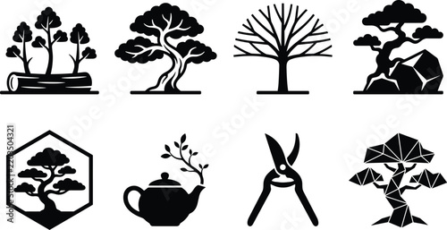Bonsai Tree And Gardening Tools Silhouette Icons Set Isolated On White Background