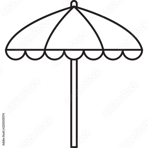 A simple black and white line art vector illustration of a beach umbrella, featuring a clean minimalist design, perfect for summer, travel, and vacation themes.