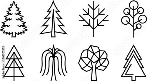 Minimalist Tree Line Art Icons Set Isolated On White Background For Design Element