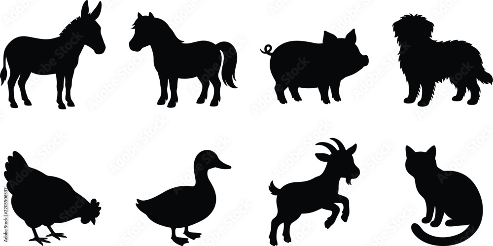Obraz premium Silhouette collection of domestic and farm animals including donkey, horse, pig, dog, chicken, duck, goat, and cat