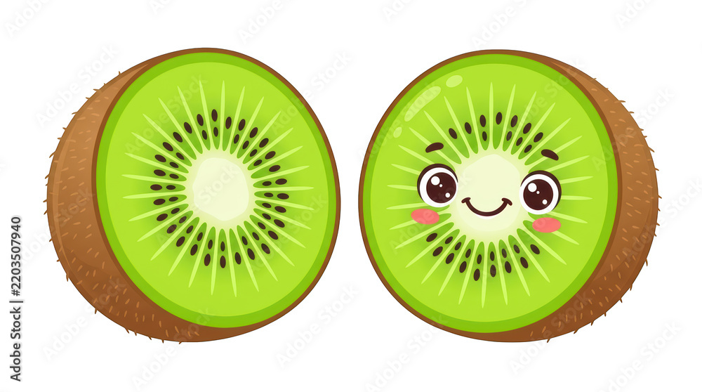 Naklejka premium Cute cartoon kiwi fruit halves isolated on transparent background