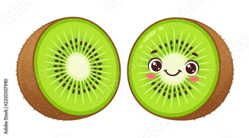 Cute cartoon kiwi fruit halves isolated on transparent background