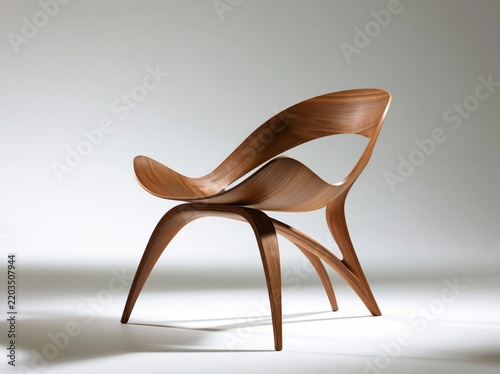 Modern Sculptural Wooden Chair With Organic Fluid Design Isolated On A Bright Minimalist Background