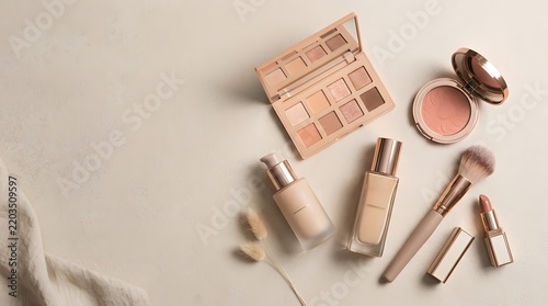 Elegant makeup products arranged on a neutral background with soft lighting and space for text