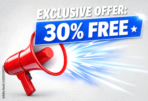 Bright red megaphone announcing an exclusive thirty percent free sale offer advertisement design