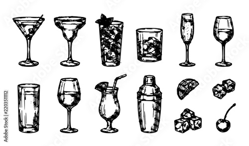 Vintage hand drawn cocktail and alcoholic drinks sketch set with bar glasses and party beverage elements