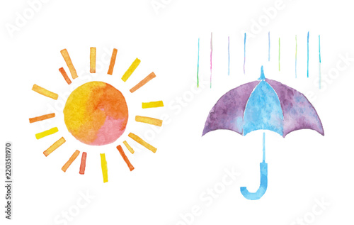晴れと雨を表現した天気予報の水彩イラストレーション｜太陽・傘・雨・気象情報