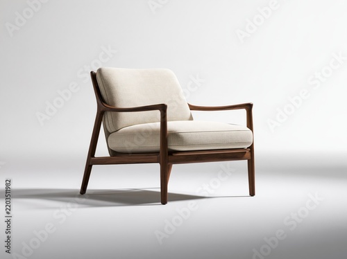 Modern Wooden Armchair With Textured Cream Fabric Upholstery Against A Plain White Studio Background
