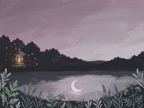 Illustrated moonlit lake with lantern and foliage at dusk