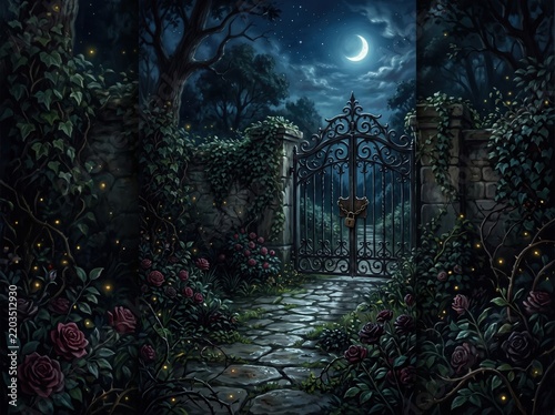 Wrought iron gate locked amid moonlit overgrown garden path
