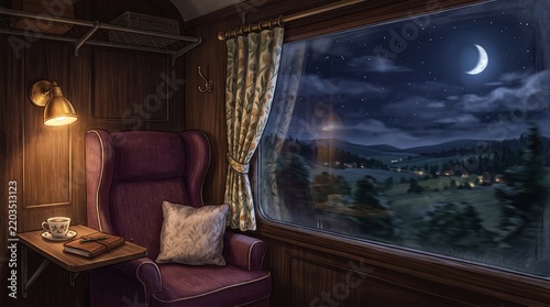 Armchair beside window overlooking passing countryside at night