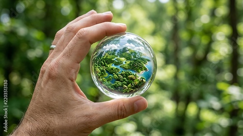 Hand Holding Crystal Sphere Reflecting Lush Green Woodland