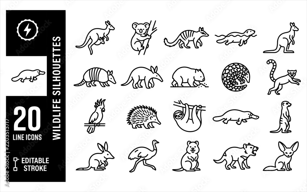 Fototapeta premium 20 wildlife silhouettes line icons collection with editable stroke on transparent background.